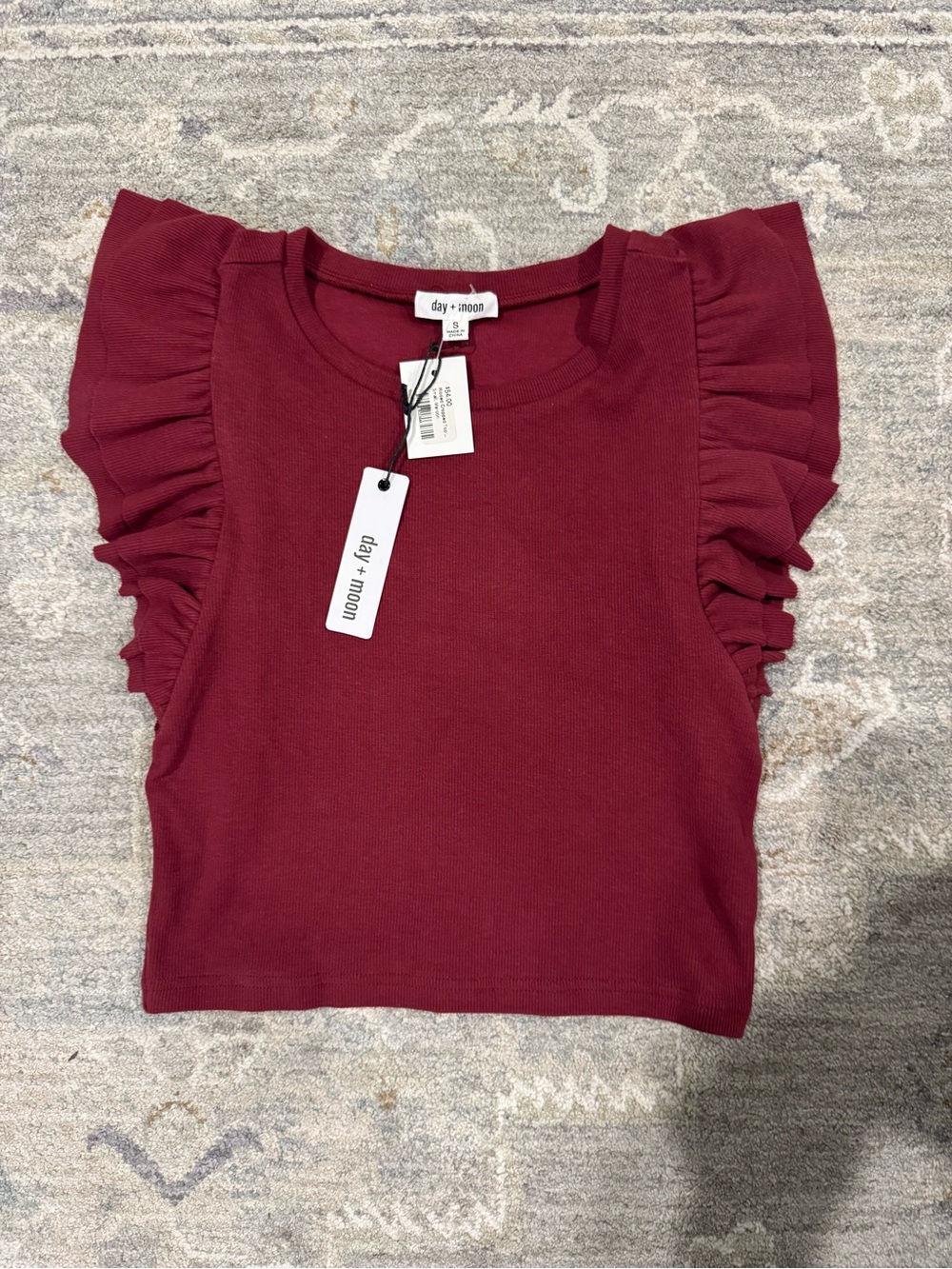 Day + Moon Burgundy Ruffle Cap-Sleeve Crop Top